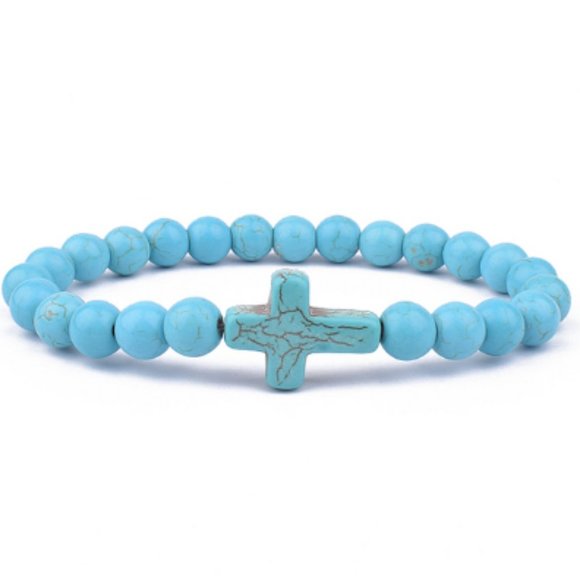 Turquoise Bracelet,Cross Bracelet,Turquoise Cross Bracelet,8mm Gemstone Beads - Picture 1 of 1